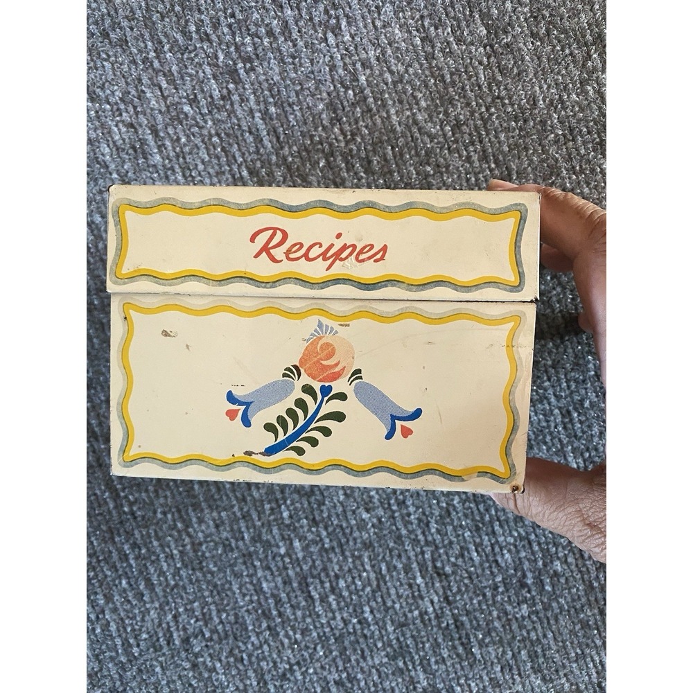 Vintage Tin Recipe Card Holder Box And Card Holder  Yellow Green Blue